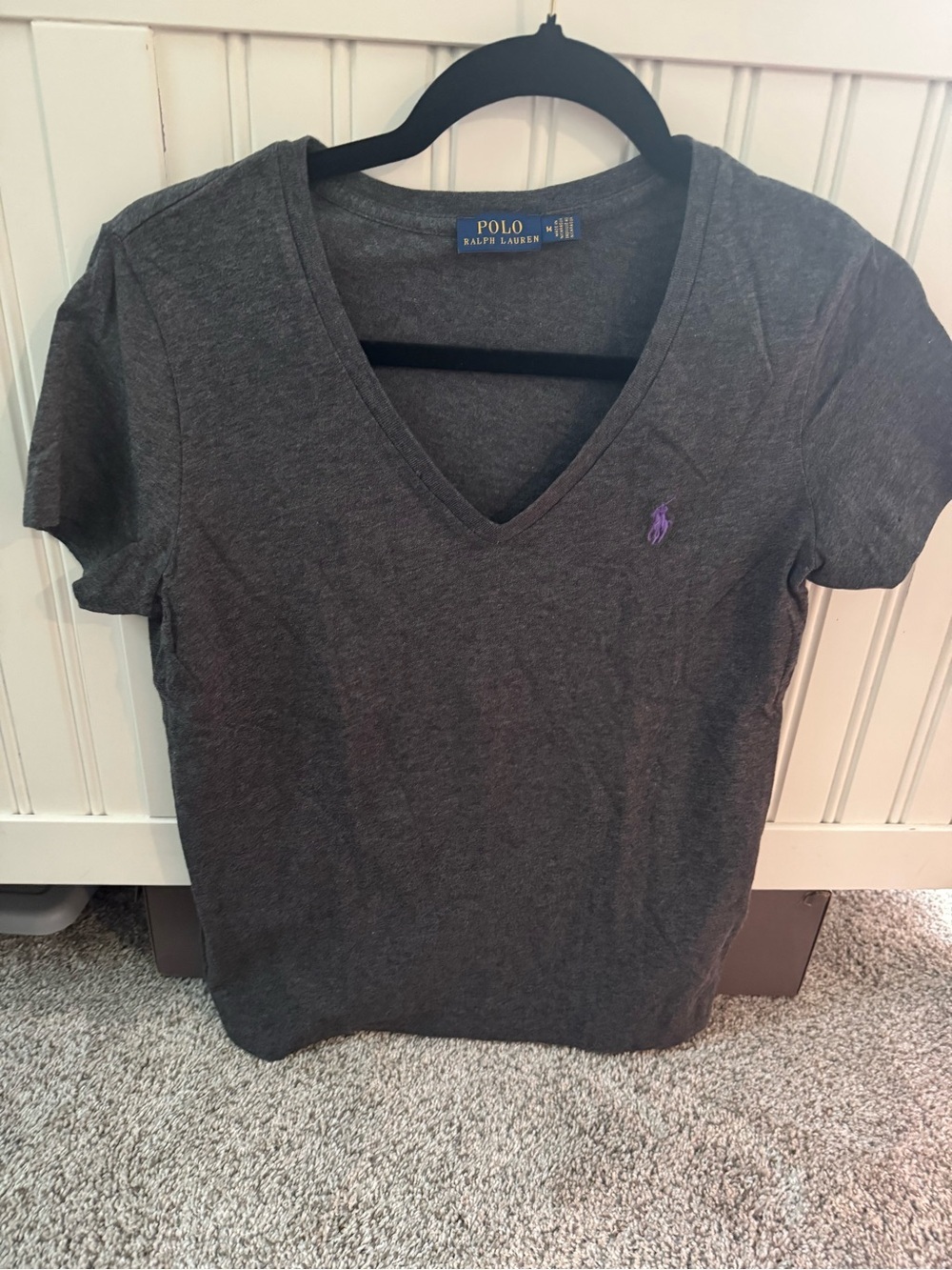 Ralph Lauren Women's Dark Gray V-Neck Tee with Purple Pony